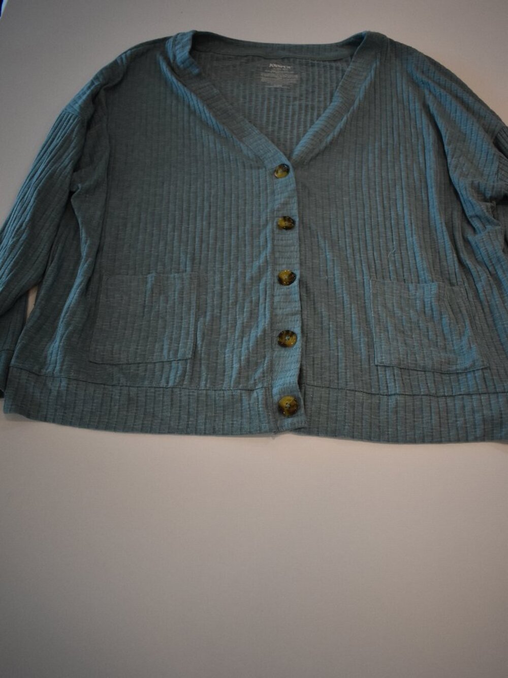 Joyspun Women's 2X Teal Blue Ribbed Button Front Cardigan Lounge Top Pockets